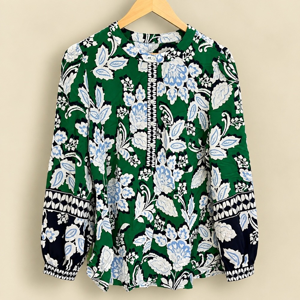 Talbots Green Floral Viscose Blouse L/S Button Neck XL Career Chic Office